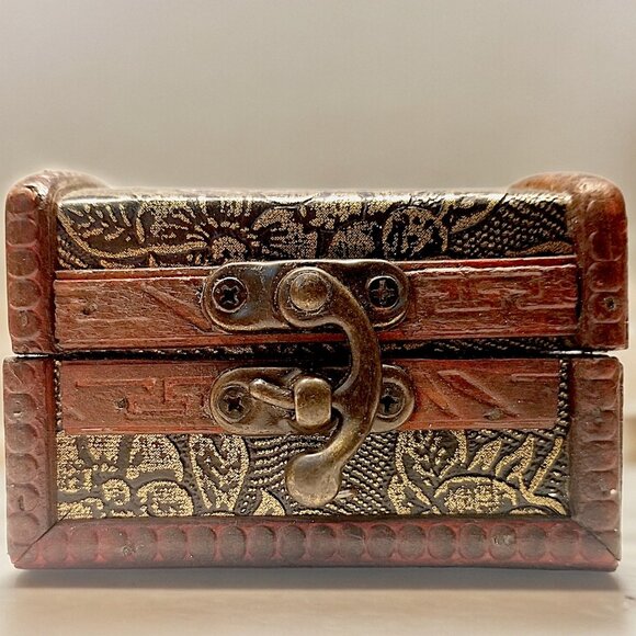 Wooden Treasure Chest Box W/Bronze Color Floral Antique Style Spiritual God Box - Picture 2 of 16